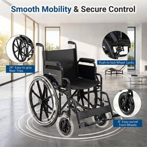 Lightweight Folding Wheelchair for Adults with Swing-Away Footrest & Desk Arm, Portable Travel Transport Wheelchair