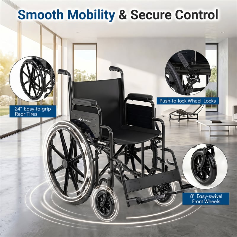 Lightweight Folding Wheelchair for Adults with Swing-Away Footrest & Desk Arm, Portable Travel Transport Wheelchair