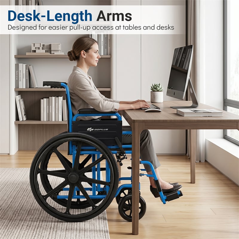 Lightweight Folding Wheelchair for Adults with Swing-Away Footrest & Desk Arm, Portable Travel Transport Wheelchair
