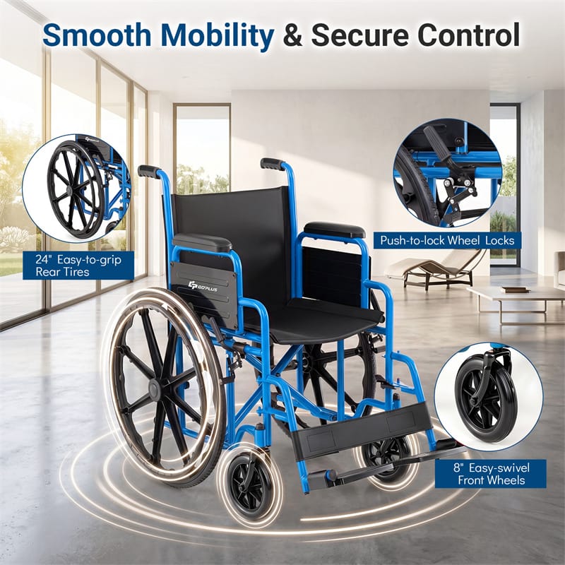 Lightweight Folding Wheelchair for Adults with Swing-Away Footrest & Desk Arm, Portable Travel Transport Wheelchair