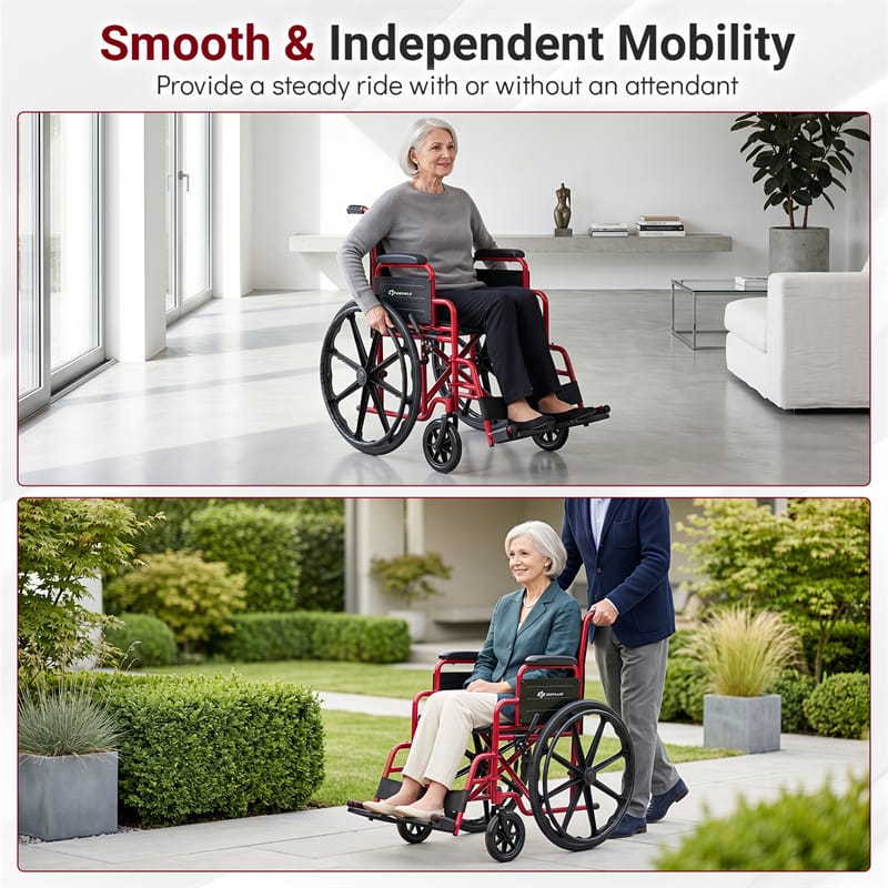 Lightweight Folding Wheelchair for Adults with Swing-Away Footrest & Desk Arm, Portable Travel Transport Wheelchair