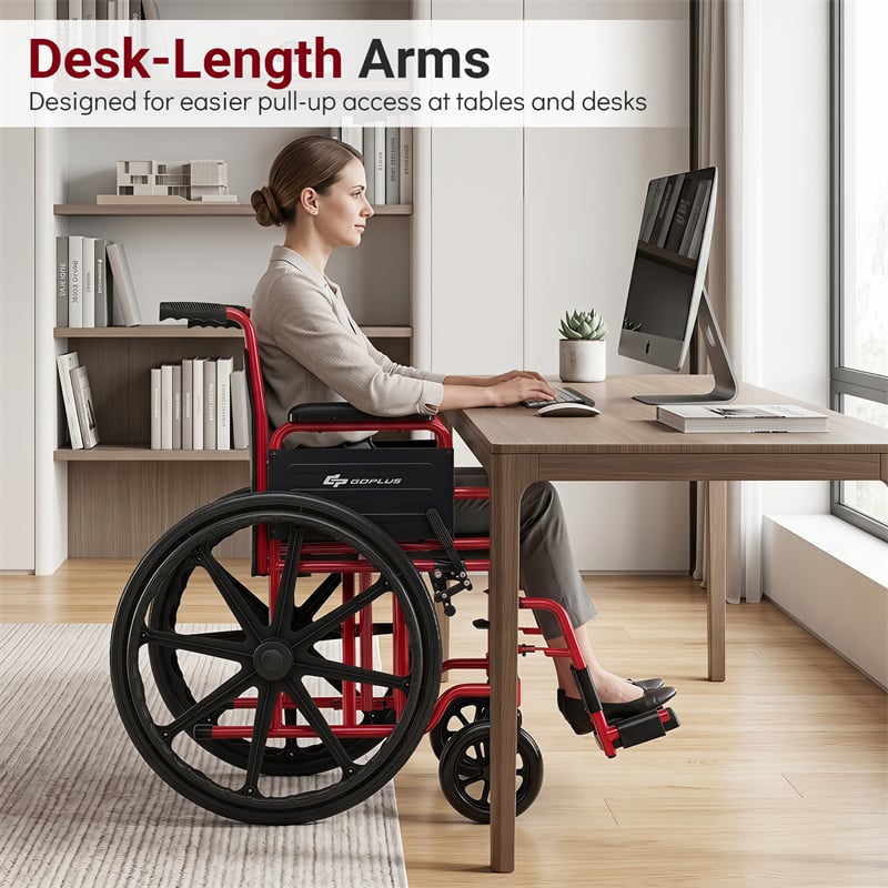 Lightweight Folding Wheelchair for Adults with Swing-Away Footrest & Desk Arm, Portable Travel Transport Wheelchair