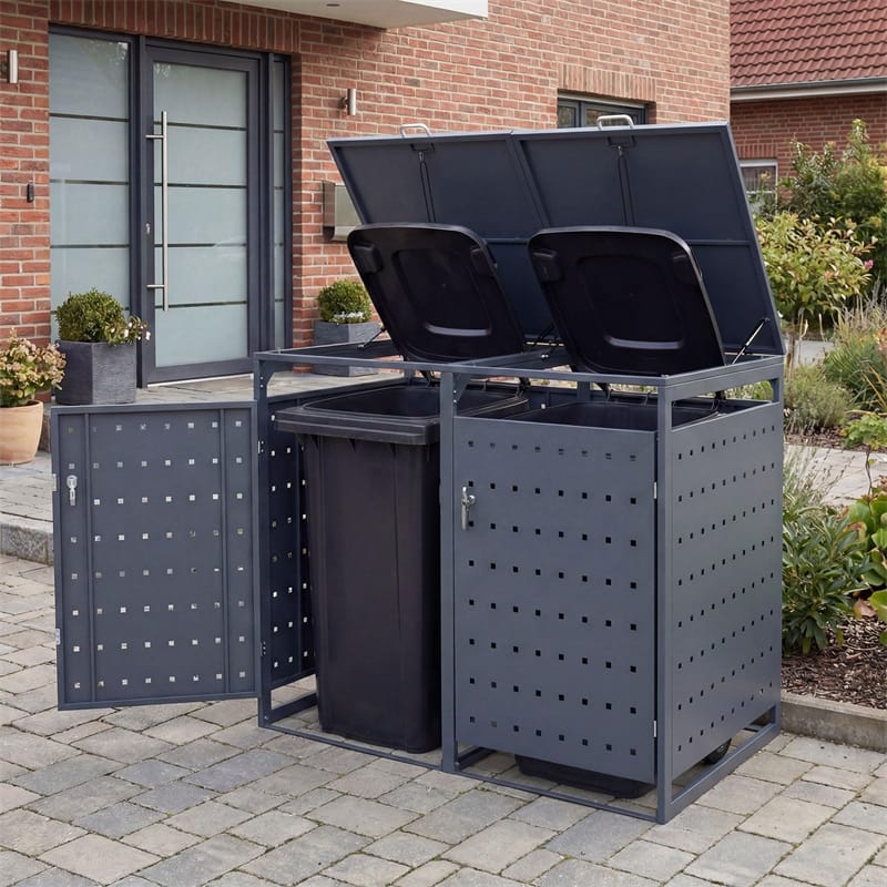 Outdoor Metal Garbage Bin Storage Shed for 2 Trash Cans, 44 Cu.Ft Double Trash Can Enclosure w/ Gas Struts & Lockable Doors, Patio Garden Bin Cabinet