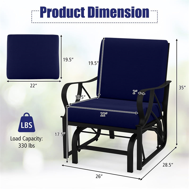 Patio Glider Chair with Thick Cushions Curved Armrest, Heavy Duty Metal Frame Single Person Outdoor Rocking Chair for Porch Garden Yard