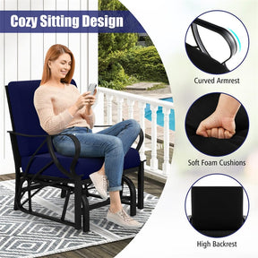 Patio Glider Chair with Thick Cushions Curved Armrest, Heavy Duty Metal Frame Single Person Outdoor Rocking Chair for Porch Garden Yard