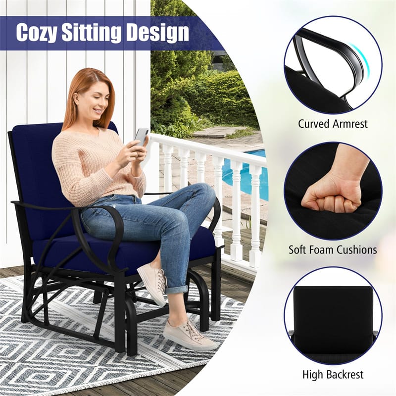 Patio Glider Chair with Thick Cushions Curved Armrest, Heavy Duty Metal Frame Single Person Outdoor Rocking Chair for Porch Garden Yard