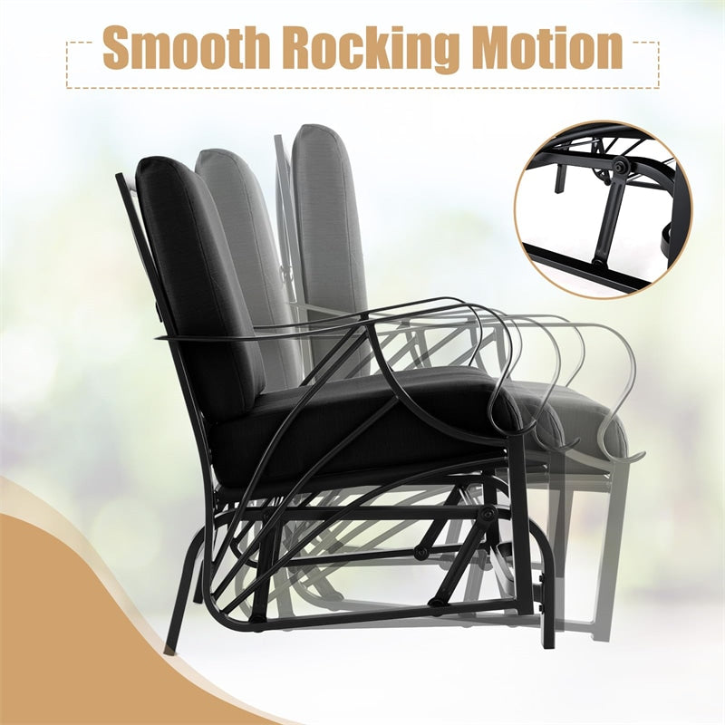 Patio Glider Chair with Thick Cushions Curved Armrest, Heavy Duty Metal Frame Single Person Outdoor Rocking Chair for Porch Garden Yard