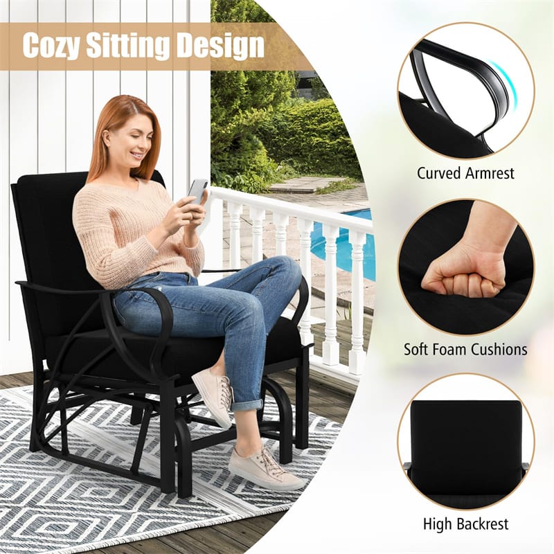 Patio Glider Chair with Thick Cushions Curved Armrest, Heavy Duty Metal Frame Single Person Outdoor Rocking Chair for Porch Garden Yard