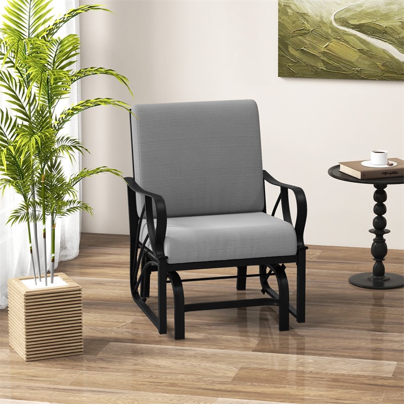 Patio Glider Chair with Thick Cushions Curved Armrest, Heavy Duty Metal Frame Single Person Outdoor Rocking Chair for Porch Garden Yard