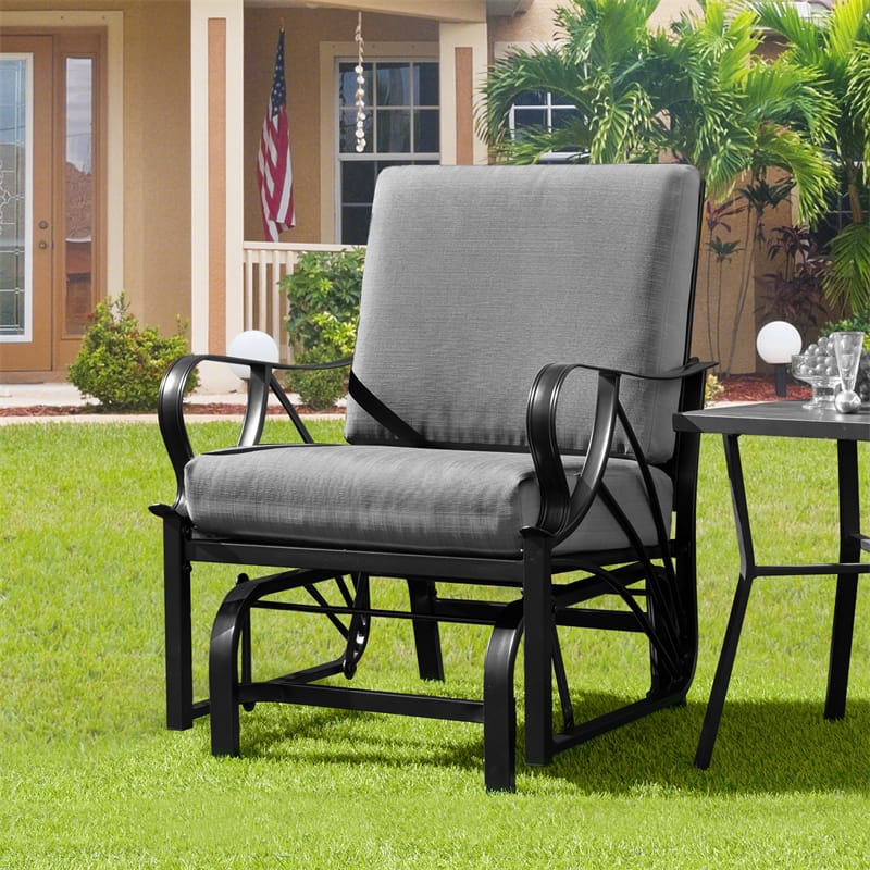 Patio Glider Chair with Thick Cushions Curved Armrest, Heavy Duty Metal Frame Single Person Outdoor Rocking Chair for Porch Garden Yard