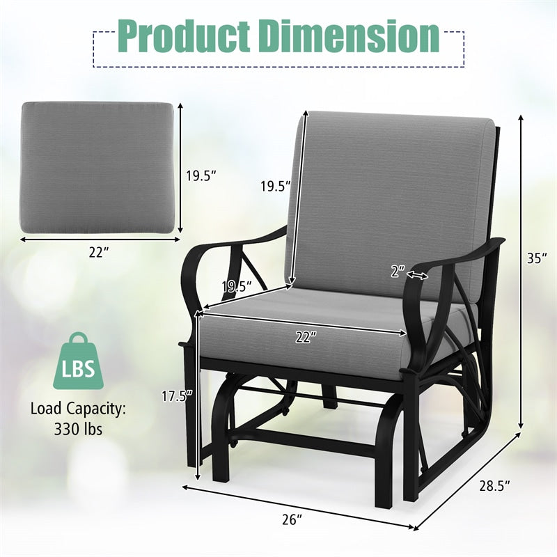Patio Glider Chair with Thick Cushions Curved Armrest, Heavy Duty Metal Frame Single Person Outdoor Rocking Chair for Porch Garden Yard