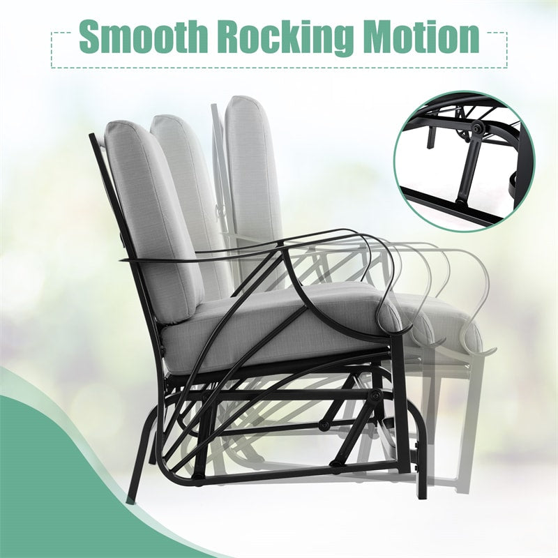 Patio Glider Chair with Thick Cushions Curved Armrest, Heavy Duty Metal Frame Single Person Outdoor Rocking Chair for Porch Garden Yard