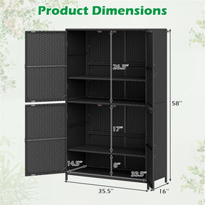 Outdoor PE Rattan Storage Cabinet, 4-Door Vertical Shed Organizer with Adjustable Shelves & Anti-Toppling Device for Patio Garden Backyard