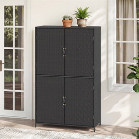 Outdoor PE Rattan Storage Cabinet, 4-Door Vertical Shed Organizer with Adjustable Shelves & Anti-Toppling Device for Patio Garden Backyard