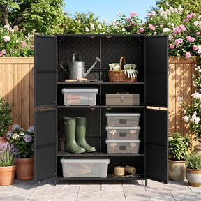 Outdoor PE Rattan Storage Cabinet, 4-Door Vertical Shed Organizer with Adjustable Shelves & Anti-Toppling Device for Patio Garden Backyard