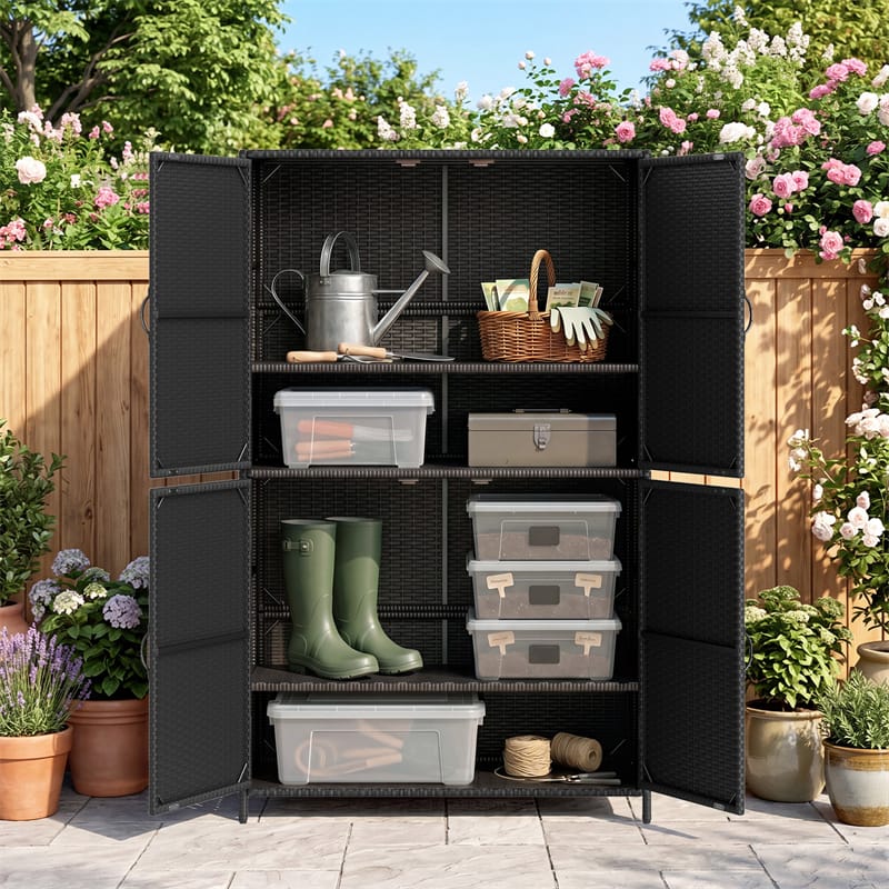 Outdoor PE Rattan Storage Cabinet, 4-Door Vertical Shed Organizer with Adjustable Shelves & Anti-Toppling Device for Patio Garden Backyard