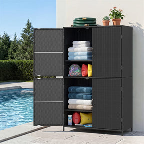 Outdoor PE Rattan Storage Cabinet, 4-Door Vertical Shed Organizer with Adjustable Shelves & Anti-Toppling Device for Patio Garden Backyard