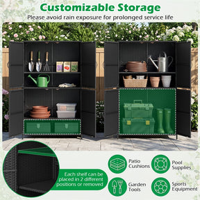 Outdoor PE Rattan Storage Cabinet, 4-Door Vertical Shed Organizer with Adjustable Shelves & Anti-Toppling Device for Patio Garden Backyard