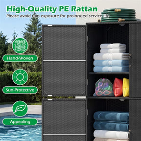 Outdoor PE Rattan Storage Cabinet, 4-Door Vertical Shed Organizer with Adjustable Shelves & Anti-Toppling Device for Patio Garden Backyard