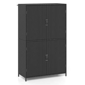 Outdoor PE Rattan Storage Cabinet, 4-Door Vertical Shed Organizer with Adjustable Shelves & Anti-Toppling Device for Patio Garden Backyard