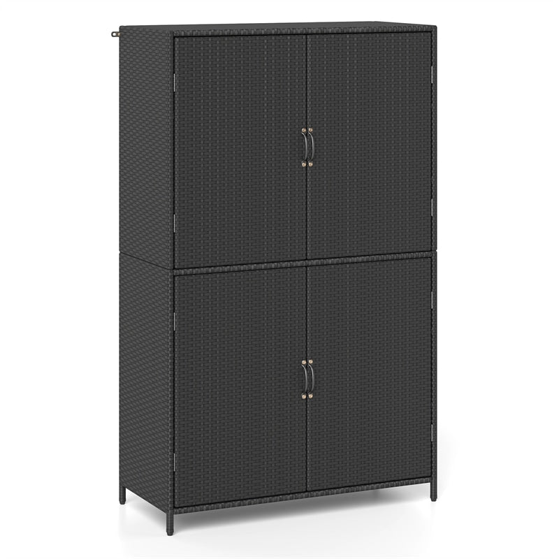 Outdoor PE Rattan Storage Cabinet, 4-Door Vertical Shed Organizer with Adjustable Shelves & Anti-Toppling Device for Patio Garden Backyard