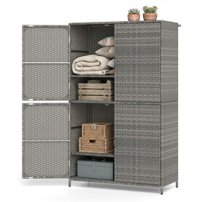 Outdoor PE Rattan Storage Cabinet, 4-Door Vertical Shed Organizer with Adjustable Shelves & Anti-Toppling Device for Patio Garden Backyard