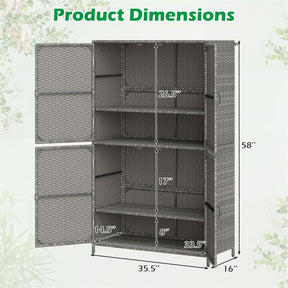 Outdoor PE Rattan Storage Cabinet, 4-Door Vertical Shed Organizer with Adjustable Shelves & Anti-Toppling Device for Patio Garden Backyard