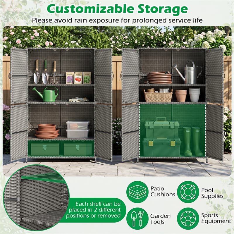Outdoor PE Rattan Storage Cabinet, 4-Door Vertical Shed Organizer with Adjustable Shelves & Anti-Toppling Device for Patio Garden Backyard