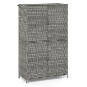 Outdoor PE Rattan Storage Cabinet, 4-Door Vertical Shed Organizer with Adjustable Shelves & Anti-Toppling Device for Patio Garden Backyard