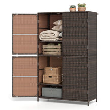 Outdoor PE Rattan Storage Cabinet, 4-Door Vertical Shed Organizer with Adjustable Shelves & Anti-Toppling Device for Patio Garden Backyard