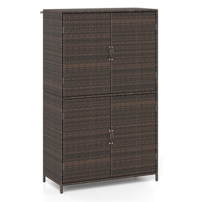Outdoor PE Rattan Storage Cabinet, 4-Door Vertical Shed Organizer with Adjustable Shelves & Anti-Toppling Device for Patio Garden Backyard