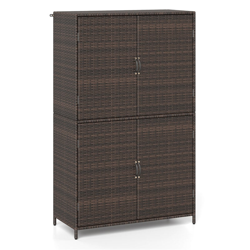 Outdoor PE Rattan Storage Cabinet, 4-Door Vertical Shed Organizer with Adjustable Shelves & Anti-Toppling Device for Patio Garden Backyard