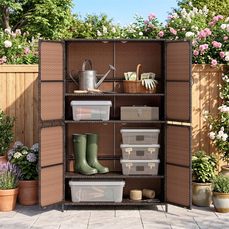 Outdoor PE Rattan Storage Cabinet, 4-Door Vertical Shed Organizer with Adjustable Shelves & Anti-Toppling Device for Patio Garden Backyard
