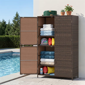 Outdoor PE Rattan Storage Cabinet, 4-Door Vertical Shed Organizer with Adjustable Shelves & Anti-Toppling Device for Patio Garden Backyard