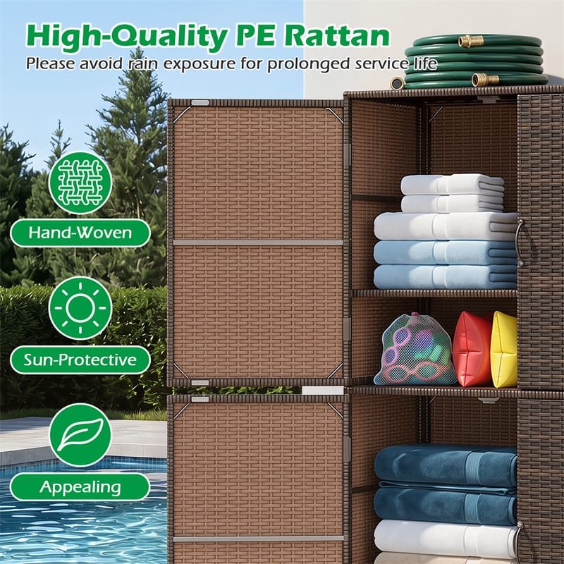 Outdoor PE Rattan Storage Cabinet, 4-Door Vertical Shed Organizer with Adjustable Shelves & Anti-Toppling Device for Patio Garden Backyard