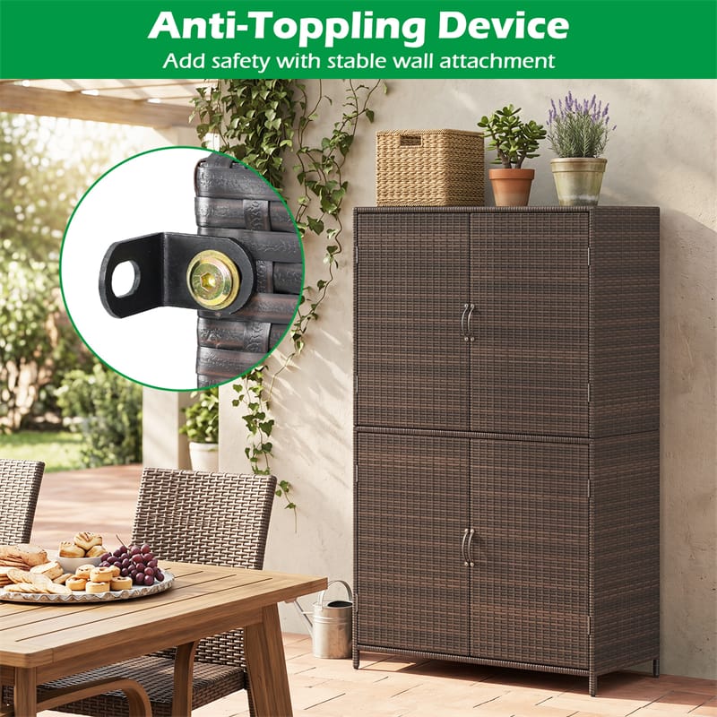 Outdoor PE Rattan Storage Cabinet, 4-Door Vertical Shed Organizer with Adjustable Shelves & Anti-Toppling Device for Patio Garden Backyard