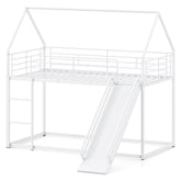 Twin Over Twin Low Bunk Bed with Slide & Ladder, House-Shaped Metal Bed Frame with Safety Guardrail & Roof for Boys Girls, No Box Spring Needed