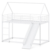 Twin Over Twin Low Bunk Bed with Slide & Ladder, House-Shaped Metal Bed Frame with Safety Guardrail & Roof for Boys Girls, No Box Spring Needed