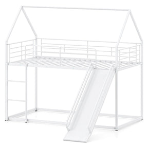 Twin Over Twin Low Bunk Bed with Slide & Ladder, House-Shaped Metal Bed Frame with Safety Guardrail & Roof for Boys Girls, No Box Spring Needed
