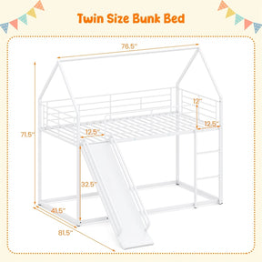 Twin Over Twin Low Bunk Bed with Slide & Ladder, House-Shaped Metal Bed Frame with Safety Guardrail & Roof for Boys Girls, No Box Spring Needed