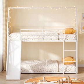 Twin Over Twin Low Bunk Bed with Slide & Ladder, House-Shaped Metal Bed Frame with Safety Guardrail & Roof for Boys Girls, No Box Spring Needed