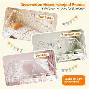 Twin Over Twin Low Bunk Bed with Slide & Ladder, House-Shaped Metal Bed Frame with Safety Guardrail & Roof for Boys Girls, No Box Spring Needed