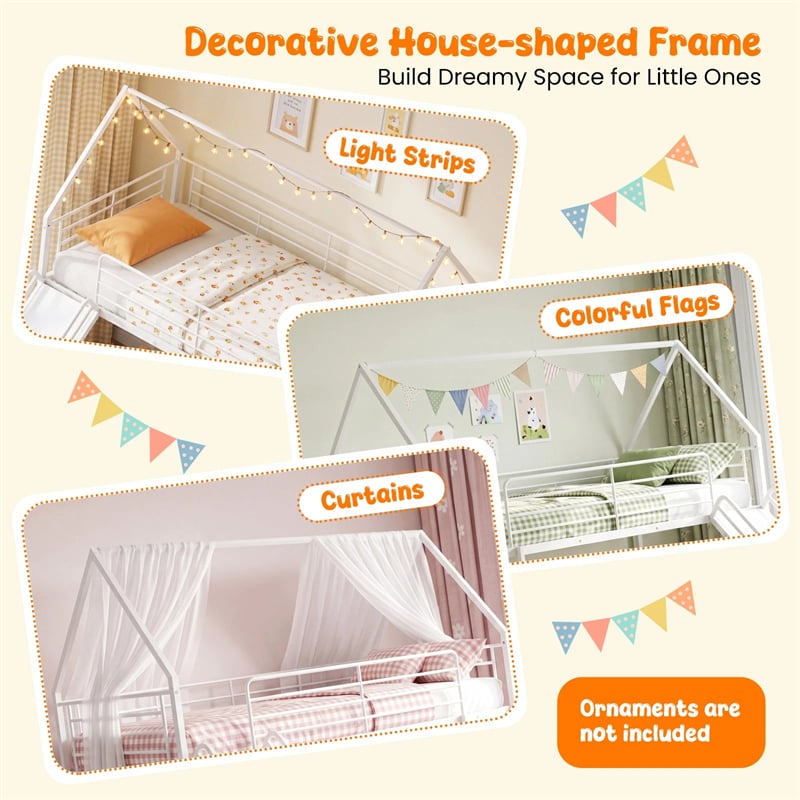 Twin Over Twin Low Bunk Bed with Slide & Ladder, House-Shaped Metal Bed Frame with Safety Guardrail & Roof for Boys Girls, No Box Spring Needed