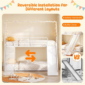Twin Over Twin Low Bunk Bed with Slide & Ladder, House-Shaped Metal Bed Frame with Safety Guardrail & Roof for Boys Girls, No Box Spring Needed