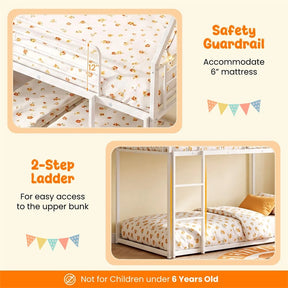Twin Over Twin Low Bunk Bed with Slide & Ladder, House-Shaped Metal Bed Frame with Safety Guardrail & Roof for Boys Girls, No Box Spring Needed