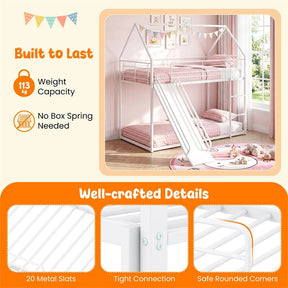 Twin Over Twin Low Bunk Bed with Slide & Ladder, House-Shaped Metal Bed Frame with Safety Guardrail & Roof for Boys Girls, No Box Spring Needed