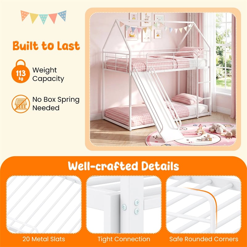 Twin Over Twin Low Bunk Bed with Slide & Ladder, House-Shaped Metal Bed Frame with Safety Guardrail & Roof for Boys Girls, No Box Spring Needed