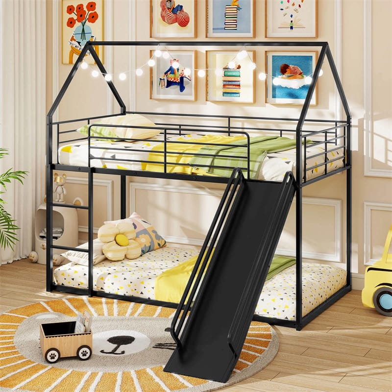 Twin Over Twin Low Bunk Bed with Slide & Ladder, House-Shaped Metal Bed Frame with Safety Guardrail & Roof for Boys Girls, No Box Spring Needed