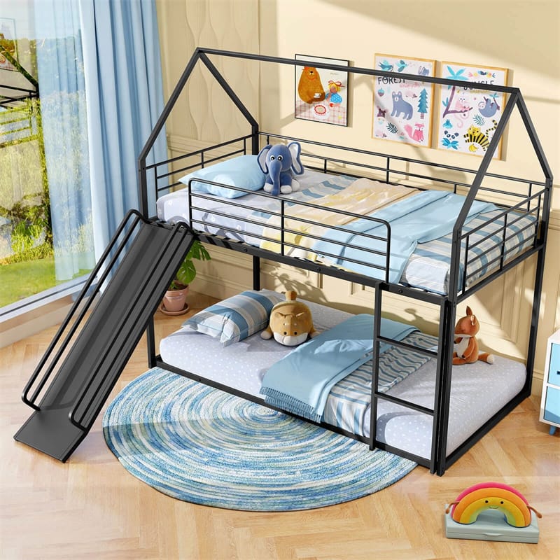 Twin Over Twin Low Bunk Bed with Slide & Ladder, House-Shaped Metal Bed Frame with Safety Guardrail & Roof for Boys Girls, No Box Spring Needed