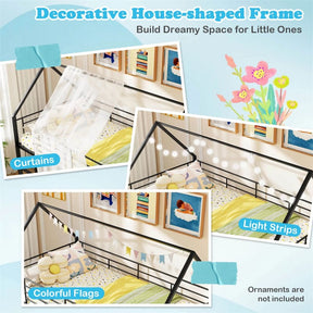 Twin Over Twin Low Bunk Bed with Slide & Ladder, House-Shaped Metal Bed Frame with Safety Guardrail & Roof for Boys Girls, No Box Spring Needed